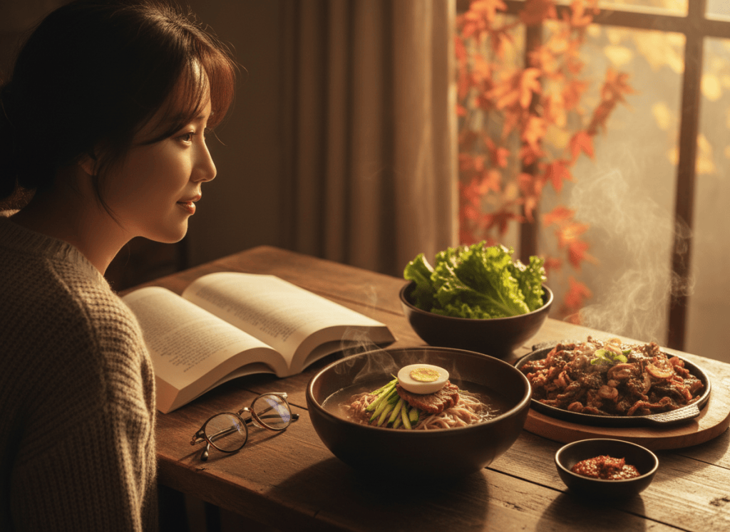 열린 책을 읽던 사람이 옆의 순메밀냉면과 불고기 한쌈 상차림을 바라보는 인공지능 창작 이미지