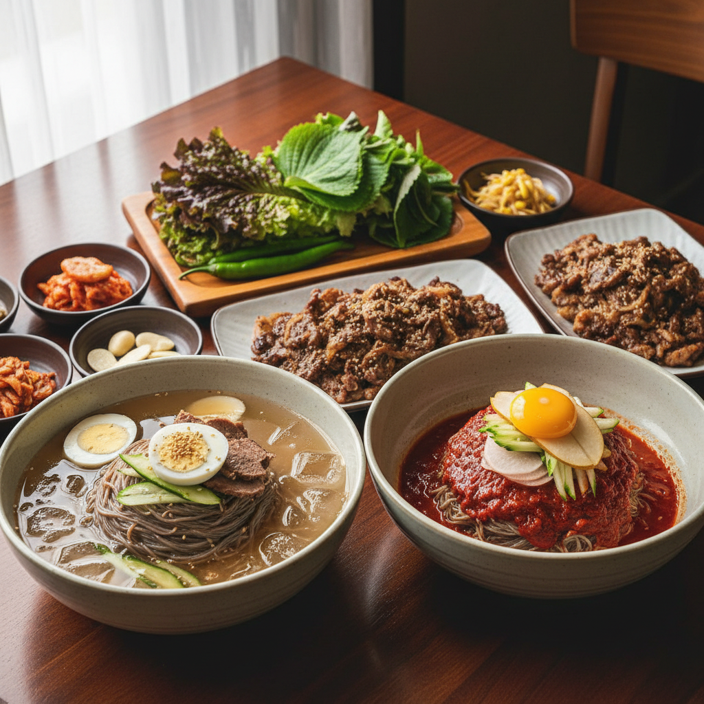 물냉면과 비빔냉면, 불고기와 쌈채소가 함께 놓인 풍성한 순메밀 냉면 한 상