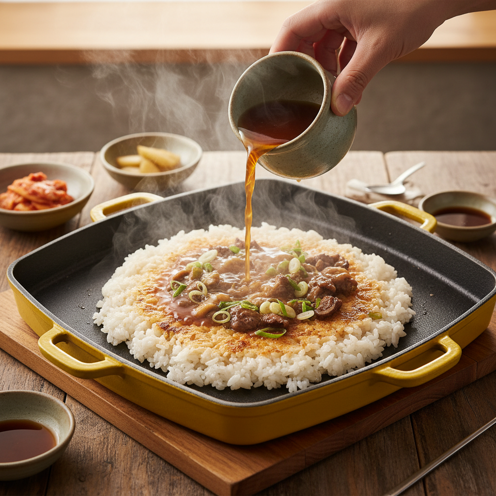 노란 전통 불고기판에 밥을 펼쳐 눌리고 남은 불고기 육수를 부어 만드는 불고기 누룽지