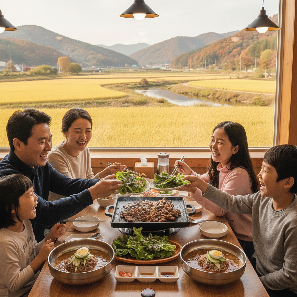 가족이 불고기와 냉면을 함께 즐기고 창밖으로 양평의 황금빛 가을 들판이 보이는 모습