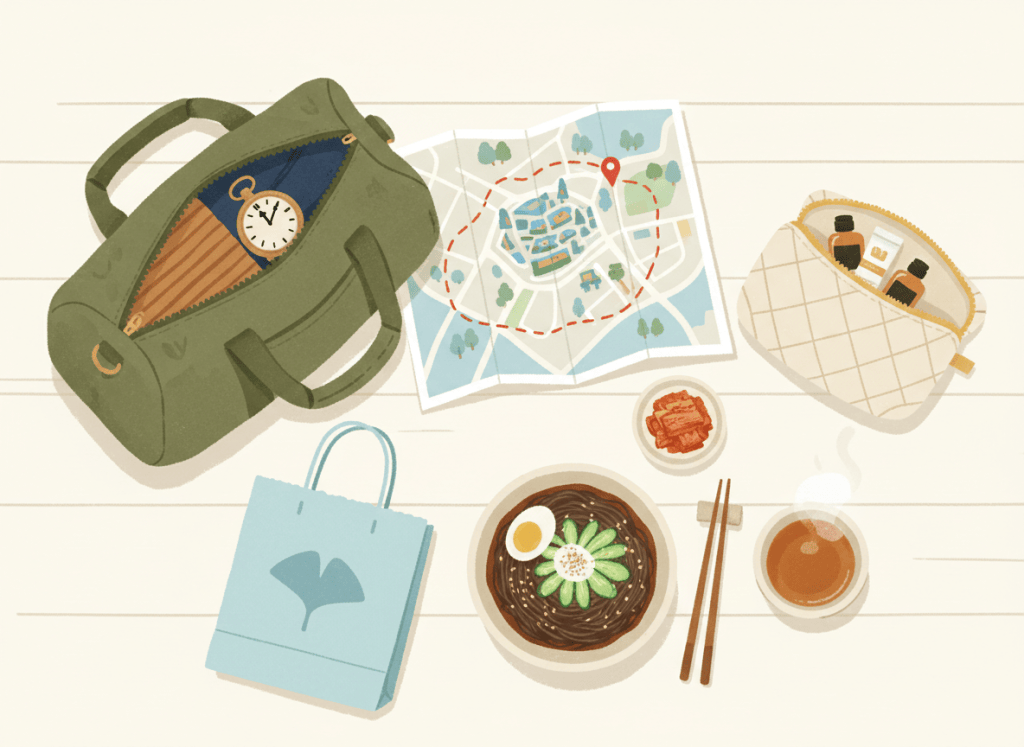 여행 가방과 지도, 시계, 쇼핑 가방, 메밀 한 상을 그린 AI 창작 이미지이며 실제 현장·보도사진이 아님