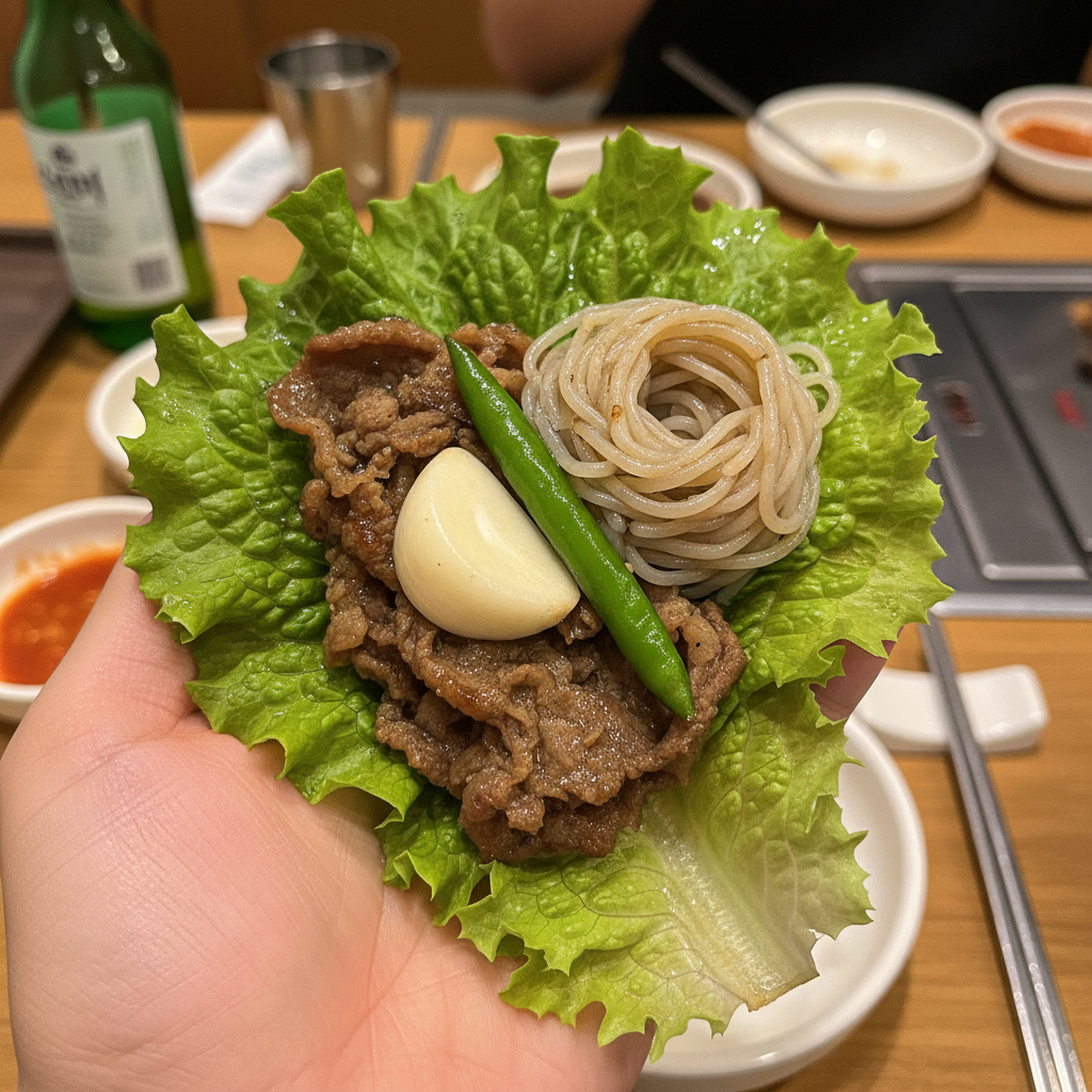 상추 위에 불고기, 마늘, 고추와 순메밀냉면을 함께 올린 한쌈 불고기냉면