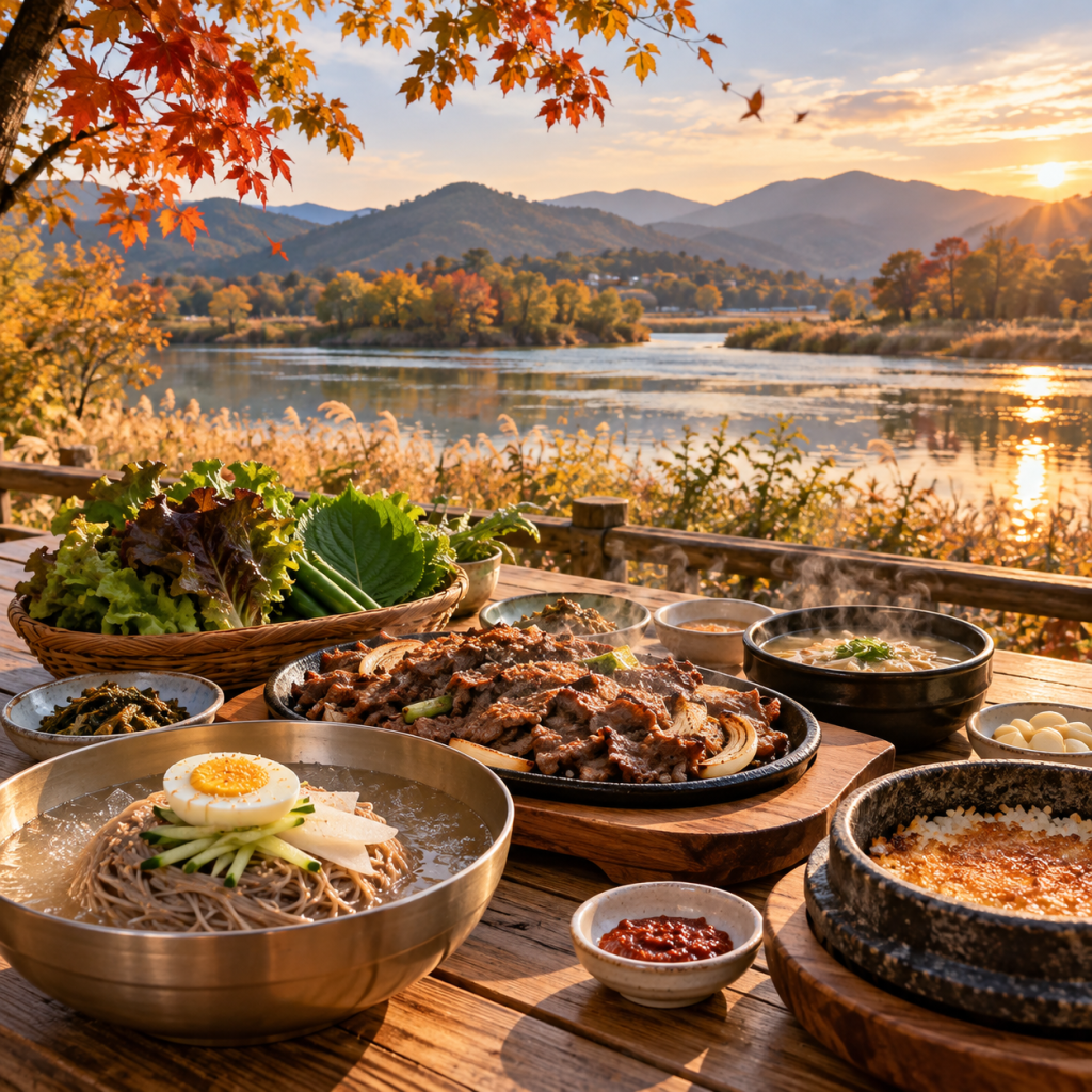 가을 강변과 순메밀냉면·불고기 한 상으로 오감 여행을 표현한 AI 창작 이미지이며 실제 현장·보도사진이 아님