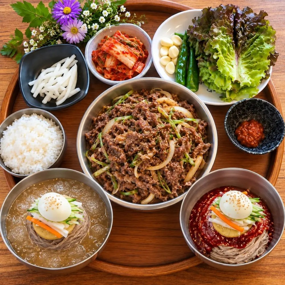 불고기, 물냉면, 비빔냉면, 쌈채소가 함께 차려진 몽실면당 한 상