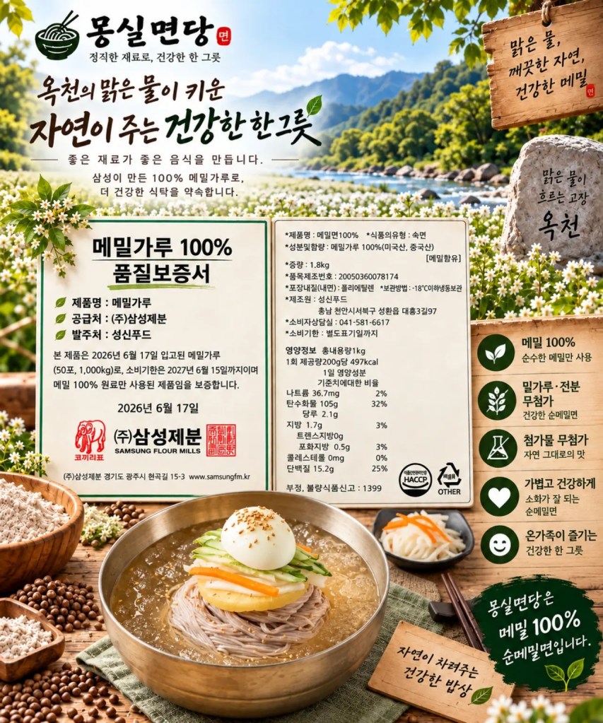 몽실면당 100% 순메밀냉면과 메밀가루 품질보증서를 함께 담은 실제 안내 사진