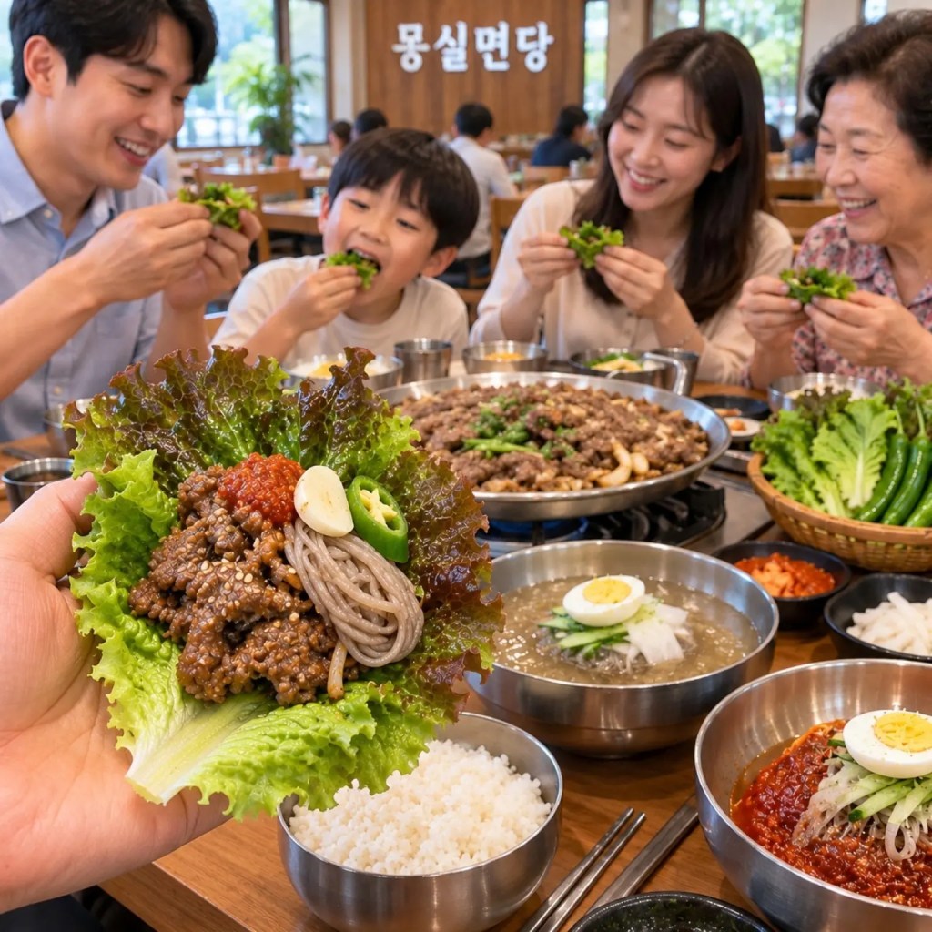 가족이 몽실면당에서 불고기와 순메밀냉면을 상추에 싸 먹는 실제 사진