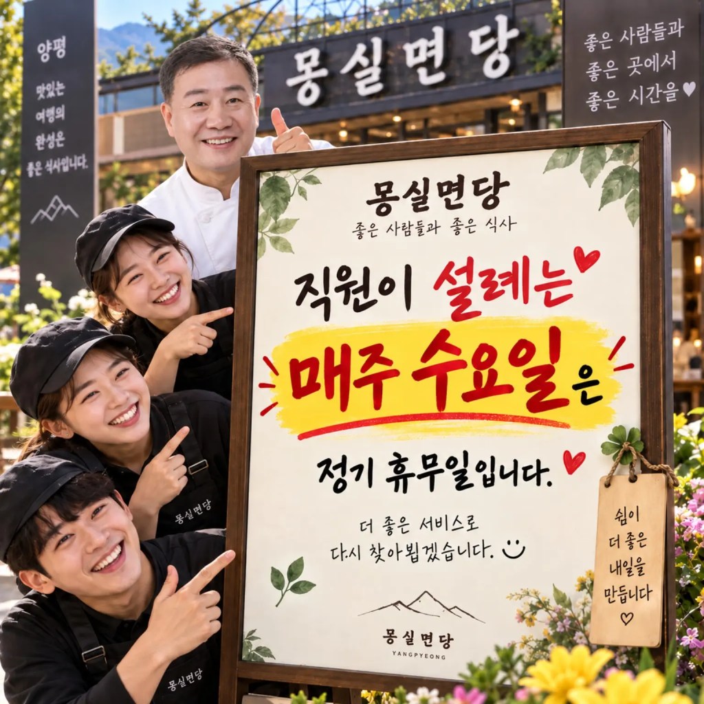 몽실면당 직원들이 매주 수요일 정기휴무 안내판을 들고 있는 실제 사진