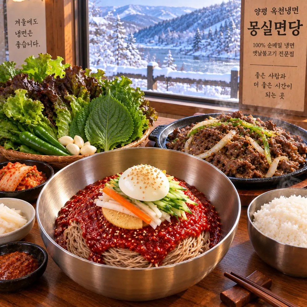 겨울 풍경을 바라보며 먹는 몽실면당 진짜 매운 비빔냉면과 불고기