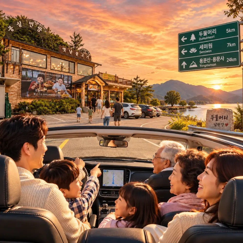 두물머리와 세미원 여행길에 가족이 몽실면당을 방문하는 모습