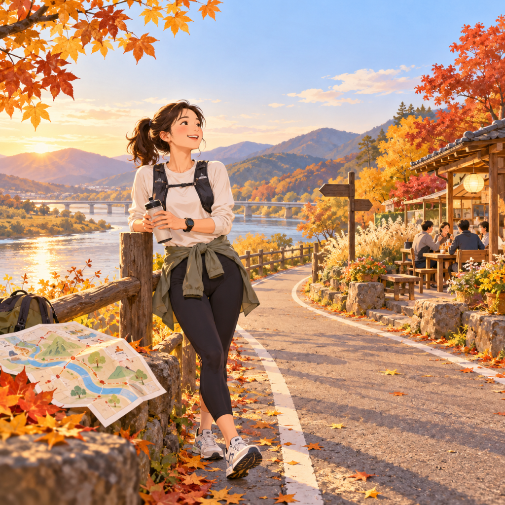 가을 강변길을 달린 여행자가 지역 여행지 앞에서 쉬는 모습을 표현한 AI 창작 이미지이며 실제 현장·보도사진이 아님