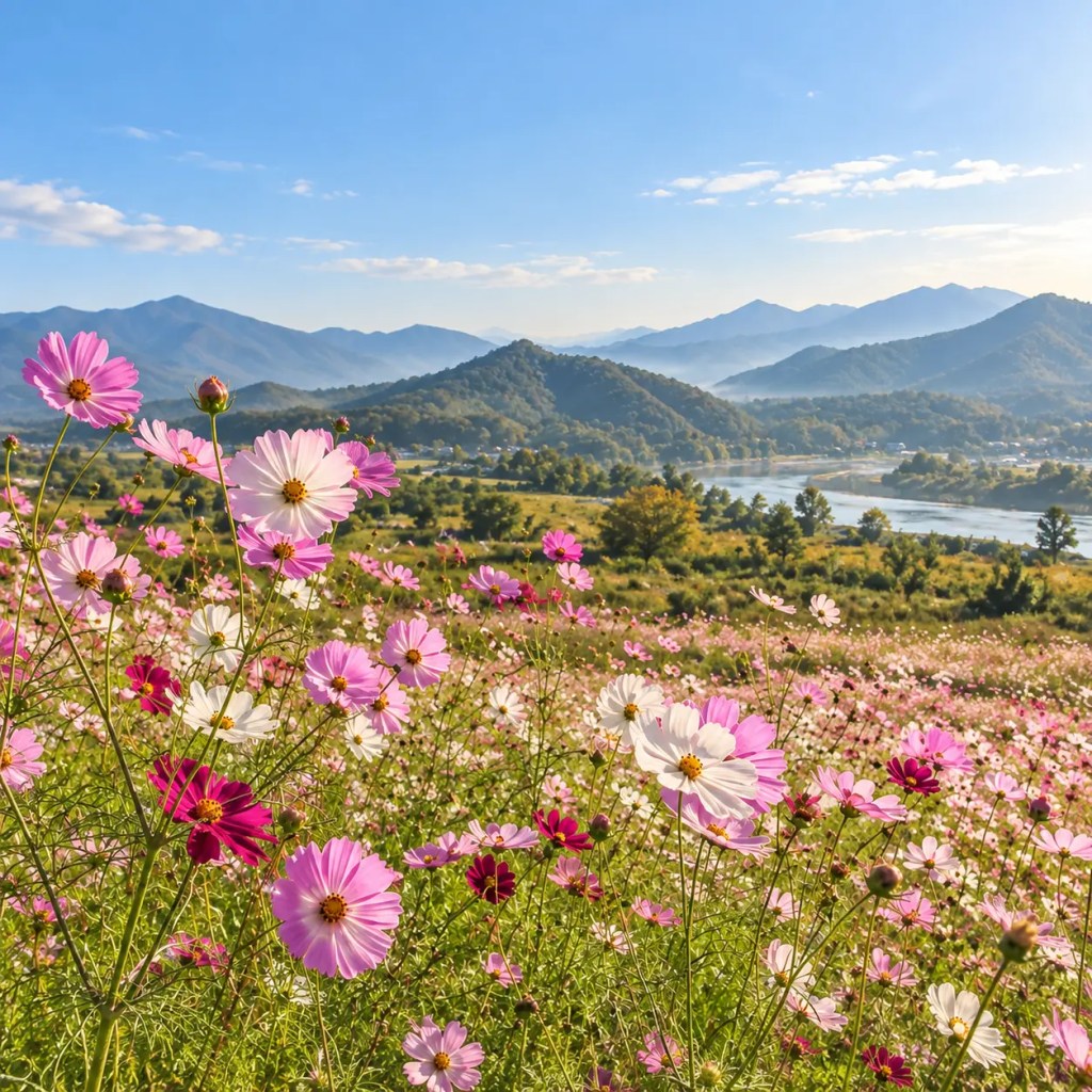 양평의 산과 강을 배경으로 분홍색과 흰색 코스모스가 가득 피어 있는 정사각형 가을 아침 풍경