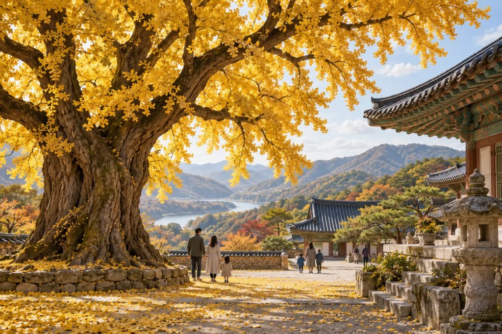 황금빛 은행나무와 산사 풍경을 표현한 양평 용문사 가을여행 상징 이미지
