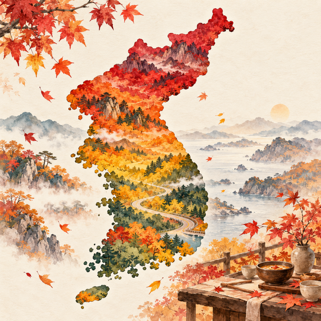 2026 단풍 지도를 모티프로 한 한반도 가을 숲길 수채화 AI 창작 이미지이며 실제 현장·보도사진이 아님