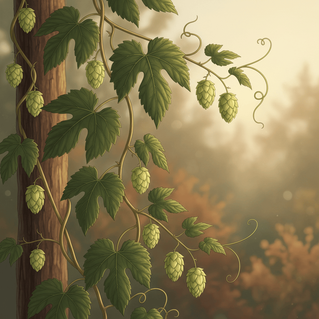 초록 호프 덩굴과 연두색 솔방울 모양 꽃차례를 표현한 AI 창작 이미지