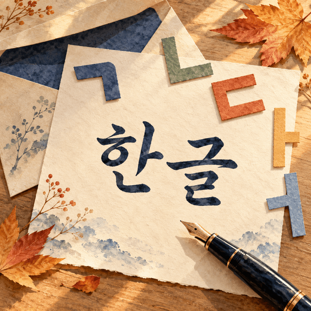 한글 글자와 자음·모음 종이 조각, 편지와 펜을 표현한 AI 창작 이미지이며 실제 현장·보도사진이 아님