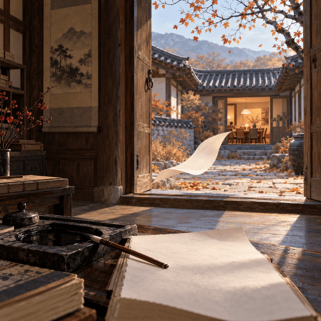 가을 한옥 서재의 벼루와 붓, 열린 문 너머 가족 식탁을 잇는 AI 창작 이미지. 실제 화서 이항로 기념관 현장 사진이 아님.
