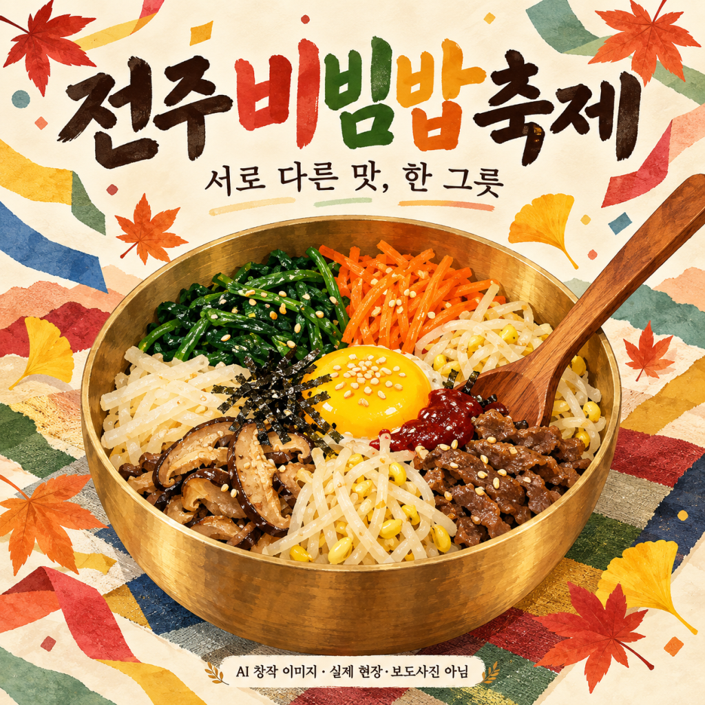 전주비빔밥축제의 비빔음식 주제를 표현한 비빔밥 그릇 일러스트. AI 창작 이미지이며 실제 현장·보도사진이 아님