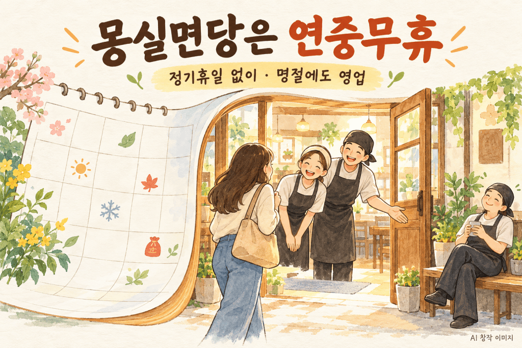 달력과 열린 문, 손님을 맞는 직원과 교대로 쉬는 직원을 그린 몽실면당 연중무휴 주제 삽화. AI 창작 이미지이며 실제 현장·보도사진이 아님