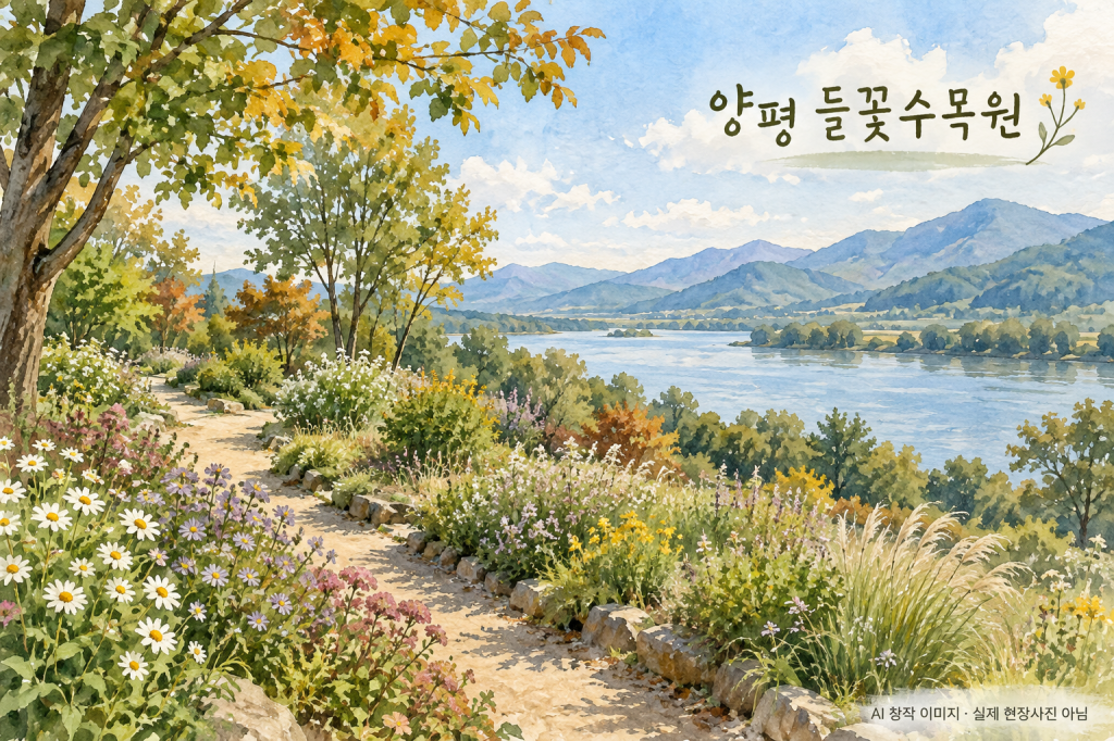 양평 들꽃수목원의 강변 정원 주제를 그린 수채화. AI 창작 이미지이며 실제 현장·보도사진이 아님